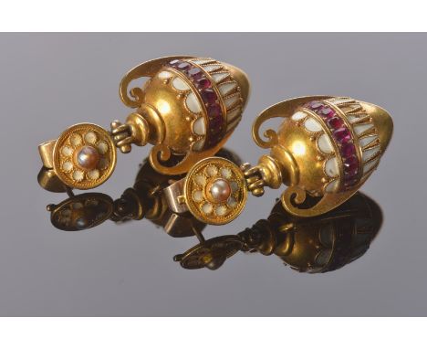 Carlo Giuliano Victorian Etruscan Revival gold earrings in the form of an urn set with rubies, white enamel and a split pearl