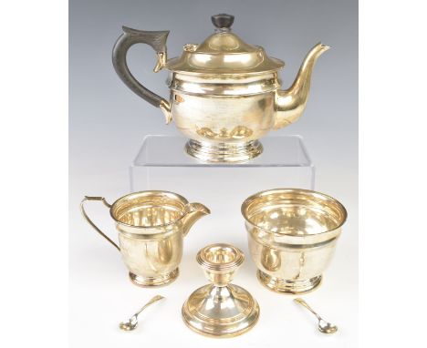 George VI hallmarked silver three piece teaset, Sheffield 1938,&nbsp;Viner's Ltd, length of teapot 24cm, together with two ha