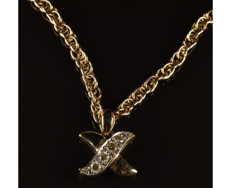 A 9ct gold necklace in the form of an 'X' set with four diamonds totalling approximately 0.28ct, on 9ct gold chain, 82cm, 9.8