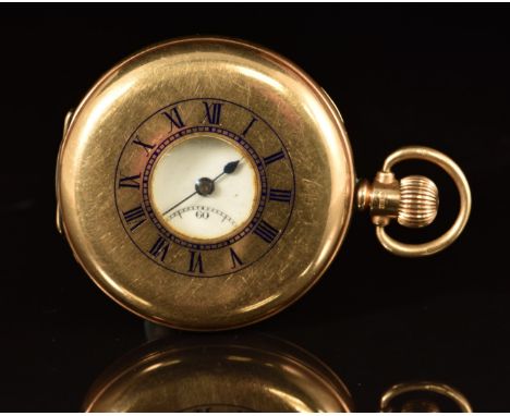 Box of Gloucester 9ct gold keyless winding half hunter pocket watch with subsidiary seconds dial, blued hands, black Roman nu
