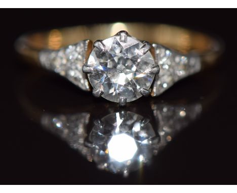 Art Deco 18ct gold ring set with a transitional cut diamond of approximately 0.78ct&nbsp;with three diamonds to each shoulder