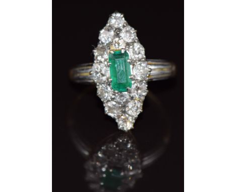 Victorian 18ct gold ring set with an emerald cut emerald surrounded by old cut diamonds, 5.5g, size N