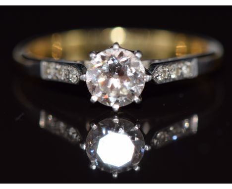 Art Deco 18ct gold ring set with a diamond of approximately 0.68ct, with diamond encrusted shoulders, 2.7g, size Q