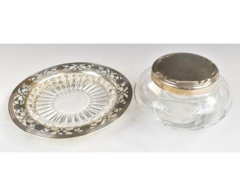 Two American silver mounted glass items comprising dressing table pot marked Lunt sterling and butter dish marked sterling an