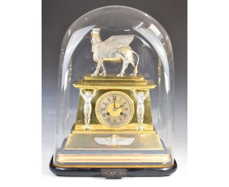 19thC Achille Brocot Egyptian Revival gilt and silvered metal mantel clock with mythical creature to top, under glass dome, h