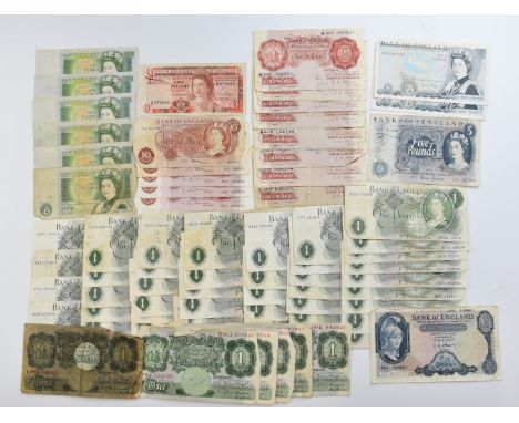 Over 60 Bank of England banknotes to include a set of three consecutive 10 shillings, 1963 first issue, signed J.Q. Hollom (M