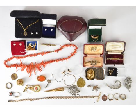 A collection of jewellery including brooches, rolled gold fob chain, vintage bracelet box, 9ct gold ring set with a diamond (