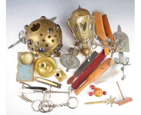 Collectibles to include horse bits, candlesticks, pierced Eastern brass hanging lights, one with glass cabochons, 19thC clock