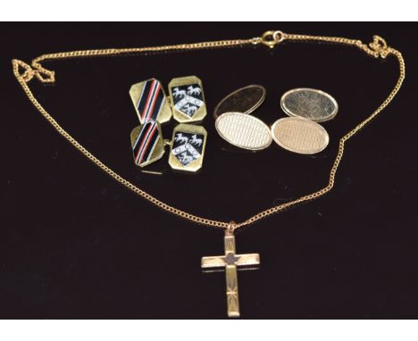 A pair of 9ct gold cufflinks with engine turned decoration (4.8g), a 9ct gold cross and chain (3.3g) and a pair of silver gil