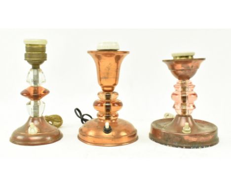 A selection of three vintage 20th century French copper and glass table / desk lamp lights. Each lamp of trumpet type form wi