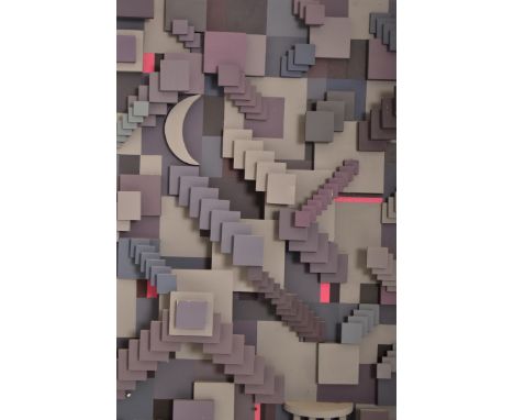 Lloyd Washington (d. 2022) - a vintage brutalist geometric purple and grey stepped protruding wall hanging artwork. The artwo