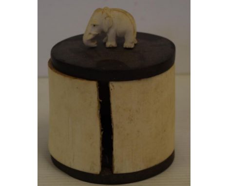 Antique Ivory and timber elephant top lidded pot C1920s, H14cm approx (as inspected). NB. This item cannot be exported