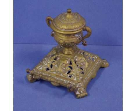 Victorian brass ink stand with ceramic ink pot, 11cm high approx.