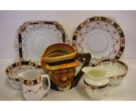 Quantity of ceramic items to include creamers, sugar bowls, cake plates, character jug