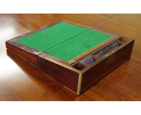 Victorian rosewood writing slope box brass bound, with inside false panel that removes to reveal 2 secret drawers, 40cm wide