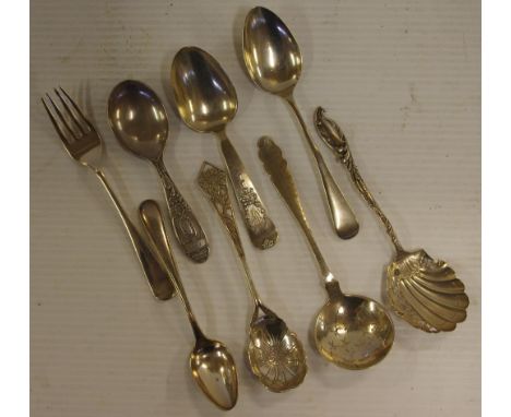 Five assorted sterling silver spoons and a fork all marked with both English and Continental silver marks, 132grams approx