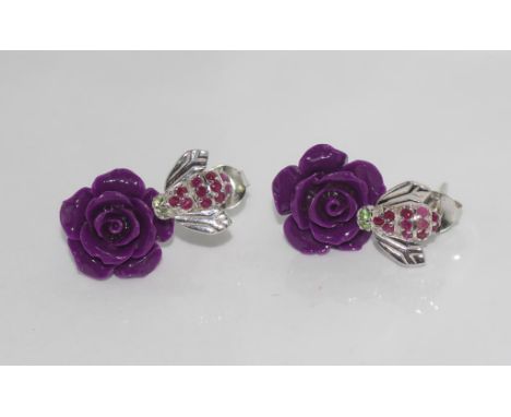 Silver, purple rose and ruby bee earrings