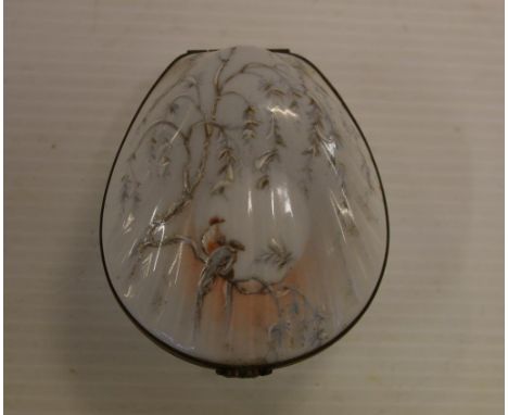 Limoges hand painted porcelain trinket box in the form of a shell, decorated with tree branches and birds, 8 x 7 cm