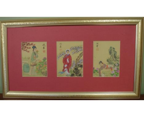 Japanese 3 panel woodblock on silk 35cm x 62cm (frame) approx.