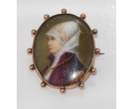 9ct rose gold, handpainted portrait brooch size: approx 3.5 by 2.5 cm, as inspected