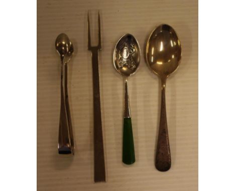 Sterling silver pickle fork and 2 teaspoons together with sugar tongs