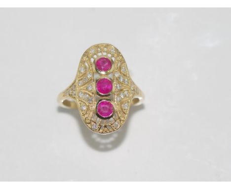 9ct yellow gold, ruby and diamond ring weight: approx 3.9 grams, size: O/7