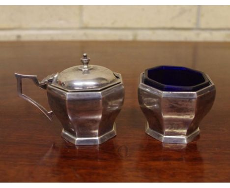 Vintage sterling silver salt cellar & mustard pot with blue glass liners, hallmarked Birmingham 1922, 76g approx.