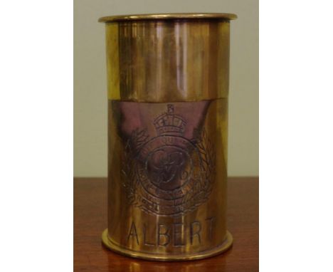 WWI era trench art lidded box with engraved decoration, 15cm high approx.