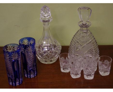Bohemian crystal liquor set together with 2 Bohemian cobalt blue crystal vases & a crystal decanter