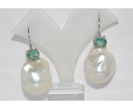 Baroque pearl and emerald earrings on 9ct gold hooks