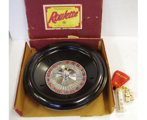 Vintage Chad Valley Roulette wheel in original box, together with 2 sets of poker dice