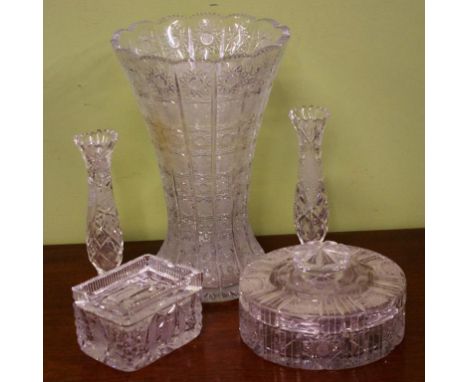 Three Bohemian crystal vases together with two matching  trinket boxes, 30cm high (tallest) approx.