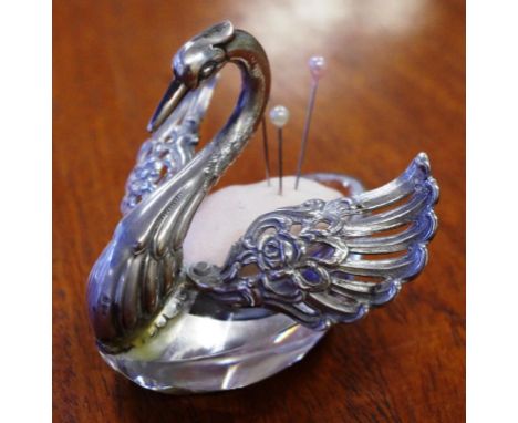 Vintage continental silver swan pin cushion with cut glass base, stamped 800