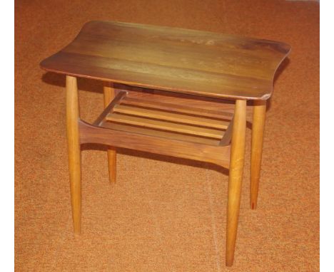 Retro 1970s timber coffee table with magazine shelf, 54cm high approx.