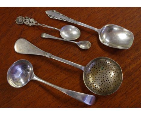 Antique Russian silver tea strainer together with a small sterling silver ladle & 3 other silver flatware pieces