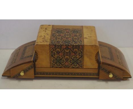 Art Deco Sorrento box with lift lid revealing 4 glass bottles and small drawers to either side, 33cm wide