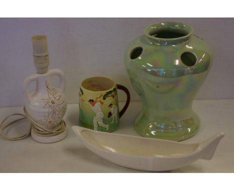 Vintage Diana Australian pottery cricket mug together with a gladioli vase, boat shaped bowl & electric lamp