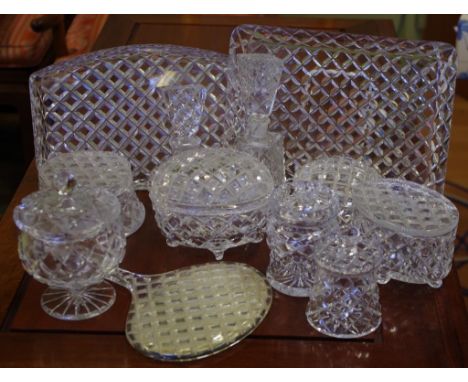 Twelve assorted cut crystal pieces including scent bottles, trays & lidded trinket boxes