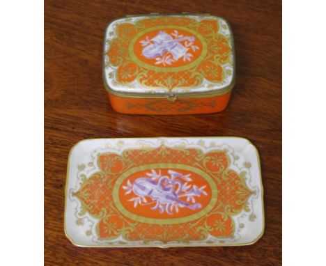 Vintage Limoges trinket box & matching tray musical instrument & gilt decoration, 13cm wide (tray)
