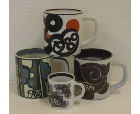 Three Royal Copenhagen Fajance mugs all with sterling silver discs to base, years 1971, 1975 & 1980 together with a small 197