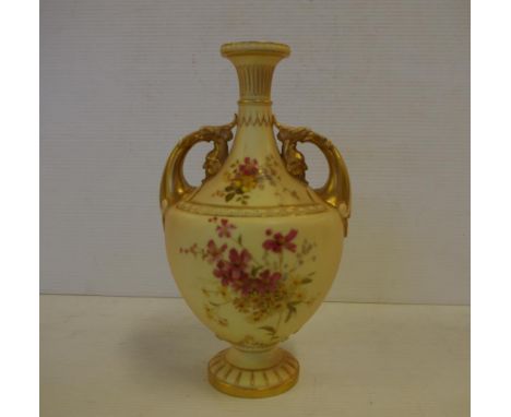 Victorian Royal Worcester blush ivory vase circa 1896 with twin handles, hand painted with floral and gilt decoration, 23 cm 