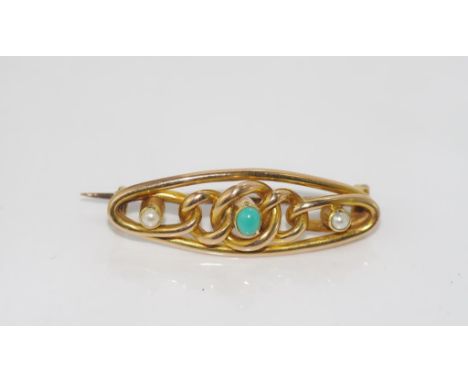 14ct yellow gold, pearl & turquoise brooch weight: approx 4.8 grams