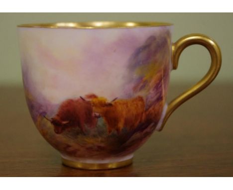 Royal Worcester cup with highland cattle signed Stinton, 5cm high approx.