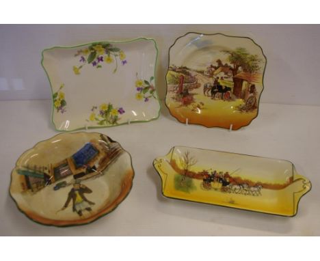 Four Royal Doulton ceramic pieces to include a "Coaching Days" sandwich tray, "April" pattern square plate, "Rustic England" 