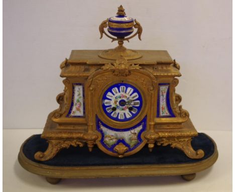 French 19th century mantle clock with 8 day striking movement (bell) in painted porcelain and ormolu case on timber stand, ke