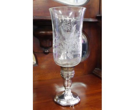 Etched glass and silver storm lantern Birmingham circa 1900, marked 925, etched flowers and bird decorations, 29.5cm high app