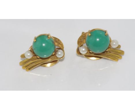 20ct yellow gold, turquoise and pearl earrings with post and clip backs , weight: approx 11.1 grams