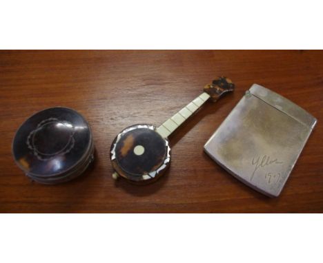 Hardy Bros. sterling silver card case, a sterling silver 82g approx., & a tortoiseshell trinket box & a tortoiseshell banjo o