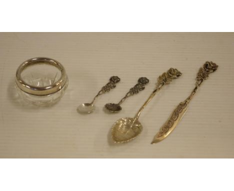 Sterling silver topped salt cellar & 4 flat wares all 835/1000 (32 grams)