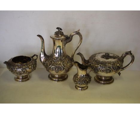 Victorian Scottish sterling silver tea & coffee service with embossed & chased floral & foliate design,all hallmarked 1852, c